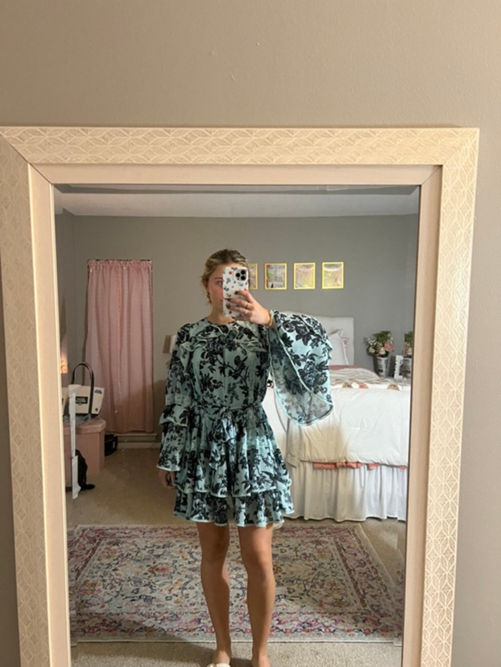BHLDN Camila Long Sleeve Chiffon Mini Dress Green Floral Bird Small Ruffle